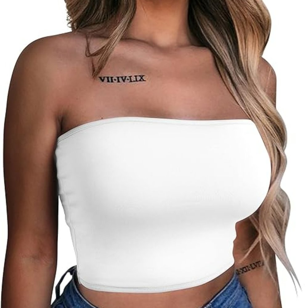 LAGSHIAN Women's Crop Top Sleeveless Stretchy Solid Strapless Tube Top - Small